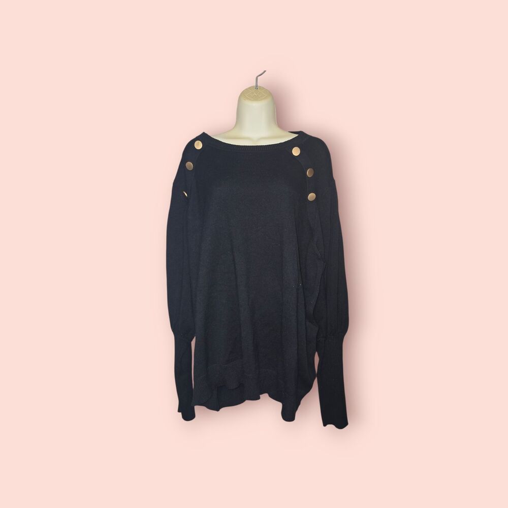 ELOQUII Black Gold Button Shoulder Sweater Plus Size 26/28 Crewneck Pullover